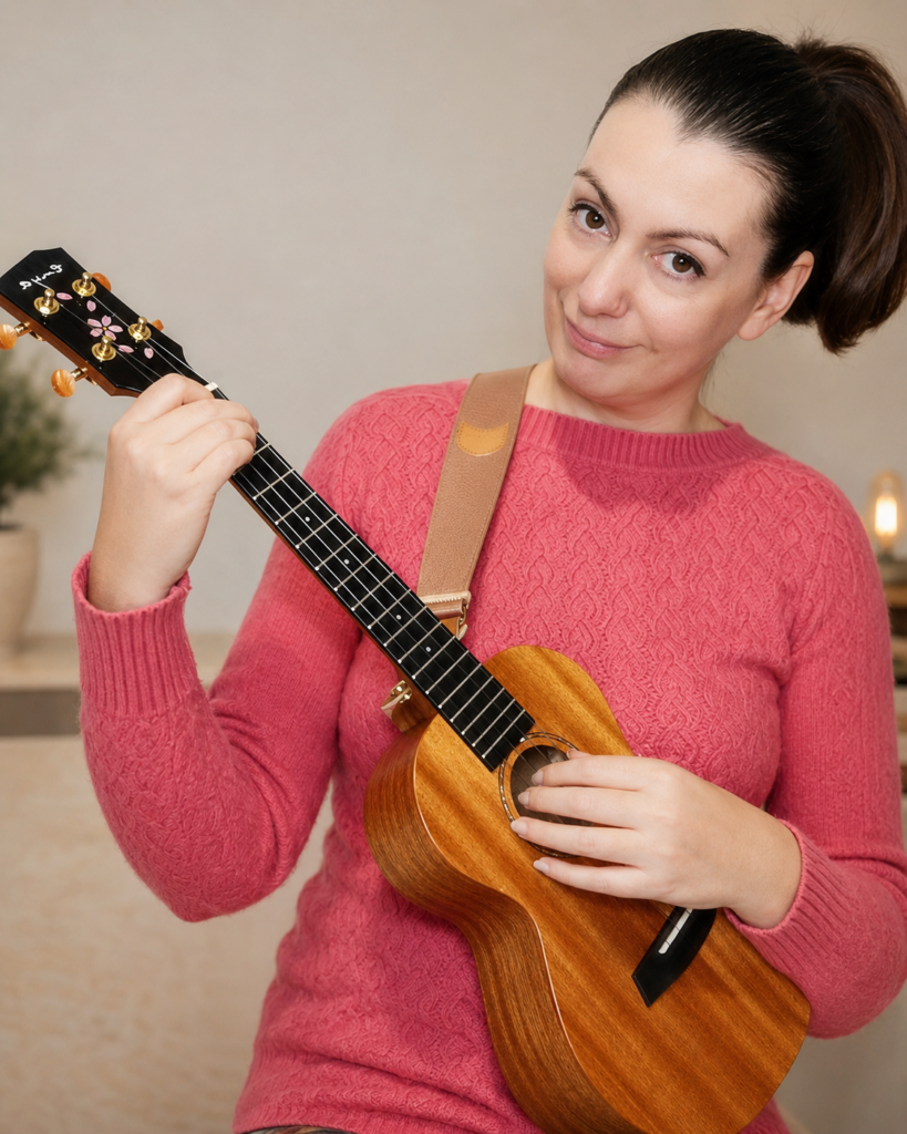 Angelina Kontini playing a soprano ukulele indoors