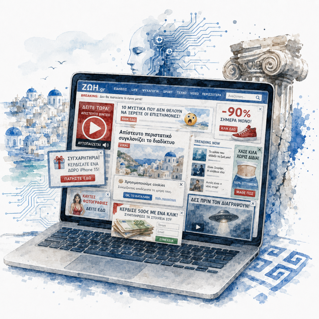Watercolor illustration of a Greek news website overloaded with pop-up ads, autoplay videos and AI-generated content