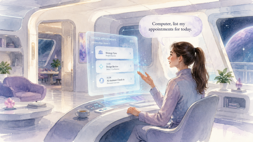 Woman using ChatGPT as a personal assistant with a futuristic Google Calendar Interface